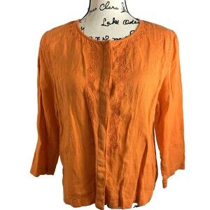 Ivy Linen Blouse Top Size S Linen Orange Long Sleeve Hidden Buttons I.V.Y.
